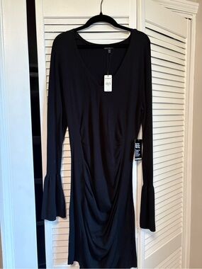 NWT Express Black V-Neck Long-Sleeve Dress with Fluted Sleeves